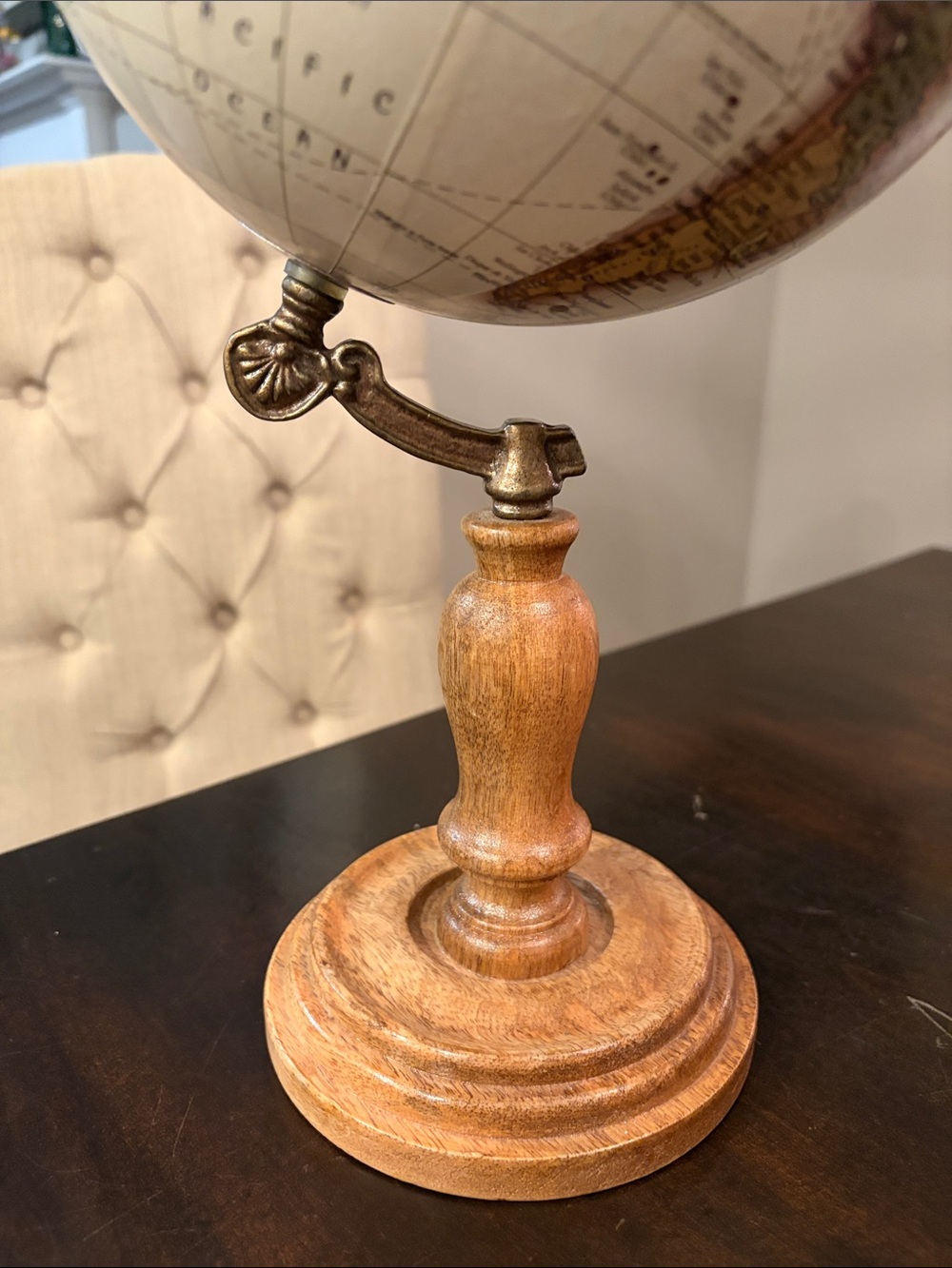 Vintage-Style Beige and Tan Tabletop Globe on Wooden Stand - Picture 3 of 6